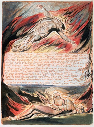 Jerusalem The Emanation of The Giant Albion; Then the Divine Hand showing Christ soaring above Albion within whose bosom the Divine hand found the Two Limits, Satan and Adam by William Blake